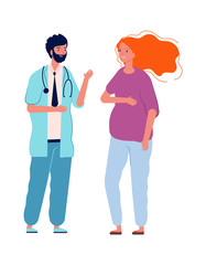 Doctor consulting young woman. Pregnant female talk with man nurse. Isolated flat hospital staff and patient vector character. Doctor and woman, hospital medical specialist illustration