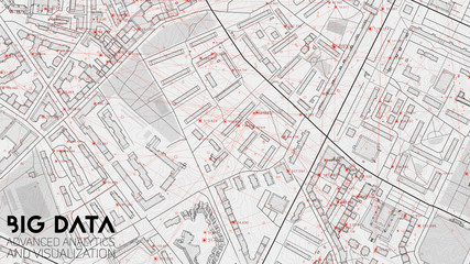 Big data in modern city. Abstract social information sorting visualization. Human connections or urban financial structure analysis. Complex geospatial data. Visual information complexity.