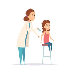 Vaccination. Flu virus protection, nurse syringe. Cartoon little girl and pediatrist. Children disease prevention vector illustration. Vaccination and pediatrist children, visit to prevention