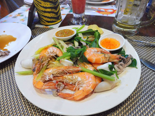 Thai dish salad with prawns and herbs spicy