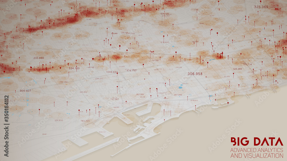 Poster 3d big data in modern city. abstract social information sorting visualization. human connections or 
