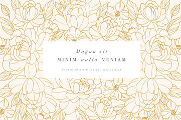 Vintage card with peonies flowers. Floral wreath. Flower frame for flowershop with label designs. Summer floral peonies greeting card. Flowers background for cosmetics packaging. © oxygen_8