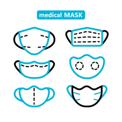 Medical mask outline icons set. Vector illustration isolated on white.