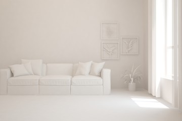 White minimalist living room with sofa. Scandinavian interior design. 3D illustration