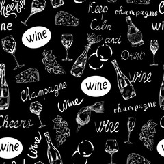 Wine bottle, glasses, drink lettering vector chalk seamless pattern on black background. Concept for wallpaper, wrapping paper, cards 