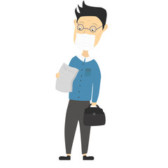 Worker going to office.Funny cartoon guy.People in white medical face mask.