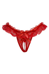 Detailed shot of a red lace G-string with a cutout in the intimate area and decorated with ruffles...