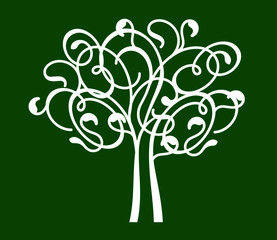 White Spring decorative Tree of Life on green background. Silhouette shape with Leaves. Vector outline Illustration. Plant in Garden. Royalty free vector object.