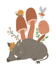  Vector hand drawn flat sleeping boar with mushrooms and insects. Funny woodland animal card template. Cute forest pig illustration for children’s design, print, stationery.