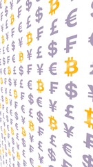 Bitcoin and currency on a white background. Digital crypto currency symbol. Wave effect, currency market fluctuations. Business concept. 3D illustration