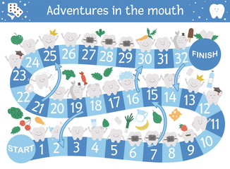 Dental adventure board game for children with cute characters. Educational tooth medicine boardgame. Teeth care activity. Mouth hygiene learning worksheet. .