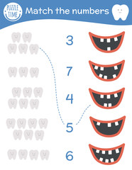 Matching game with teeth and mouth. Dental care math activity for preschool children. Dentist clinic counting worksheet. Educational riddle with cute funny elements for kids..
