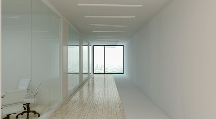 The corridor in modern office with conference rooms and large blank wall against. 3d rendering