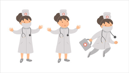 Vector woman doctors in medical hat and mask with stethoscope. Cute funny hospital, clinic or emergency service character. Medicine picture for children. Healthcare icons set .