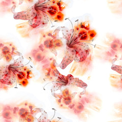 Bright seamless pattern with flowers. Lily. Watercolor illustration. Hand drawn.