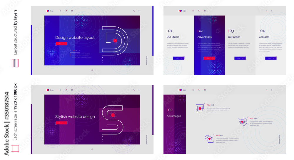 Wall mural digital abstract creative blue web design four screen template. stylish custom and individual set of