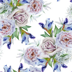 Bright seamless pattern with flowers. Rose. Iris. Сhrysanthemum. Watercolor illustration. Hand drawn.