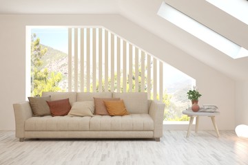 White living room with sofa and summer landscape in window. Scandinavian interior design. 3D illustration