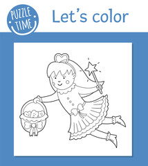 Vector Tooth Fairy coloring page. Cute funny teeth care character. Dental hygiene outline clipart for children. Fantasy creature illustration isolated on white background. .