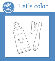 Vector coloring page with cute kawaii toothbrush and toothpaste. Funny teeth care characters. Dental themed outline clipart for children. Mouth hygiene illustration isolated on white background. .