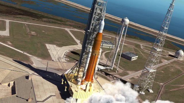 Big Heavy Rocket (Space Launch System) Launch From Launchpad At Cape Canaveral. Full 3D Animation. 4K. Ultra High Definition. 3840x2160.