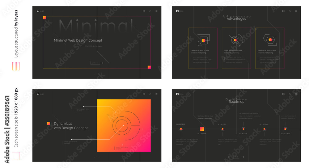 Wall mural digital minimal black design four screen template. stylish custom and individual set of four website