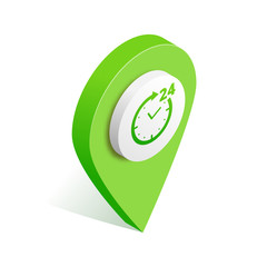 24h working time map pointer isometric icon. 3d pin with clock, circle arrow isolated on white. Round-the-clock delivery, customer service vector illustration for web, app, infographic, social media