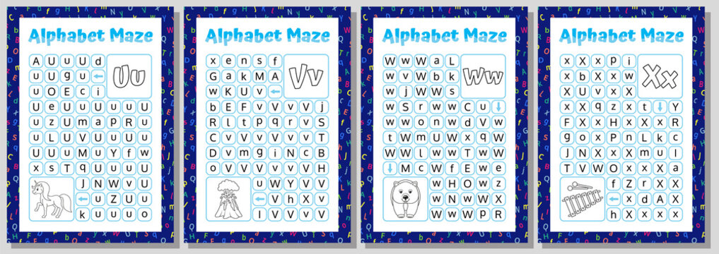 Alphabet Maze Set. Letters U, V, W, X. Educational Puzzle Worksheet.  Vector Illustration.