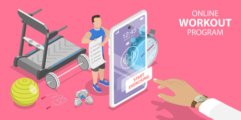 3D Isometric Flat Vector Concept of Online Workout Program, Personal Fitness Coach, Training with Virtual Instructor, Mobile App for Exercising at Home During Quarantine.