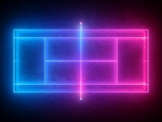 3d render, neon tennis court scheme with net, virtual sport playground top view, sportive game, pink blue glowing line over black background.