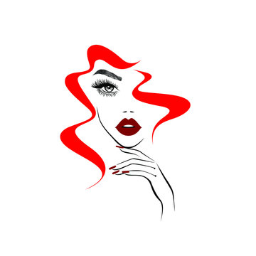 recommend clip art: Beautiful sexy face, red lips, hand with red manicure nails, fashion woman, element design, nails studio, hot red curly hairstyle, hair salon sign, icon. Beauty Logo. Vector illustration.