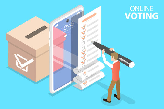3D Isometric Flat Vector Concept of Online Voting Mobile App, E-voting, Internet Election System.