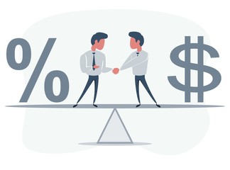 Business partners shaking hands as a symbol of unity. People standing on seesaw. Vector flat design illustration.