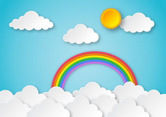 blue sky with rainbow background. paper art style. vector Illustration.