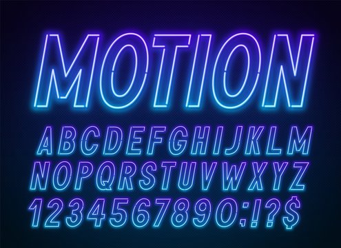 Neon blue purple font, light alphabet with numbers on a dark background.