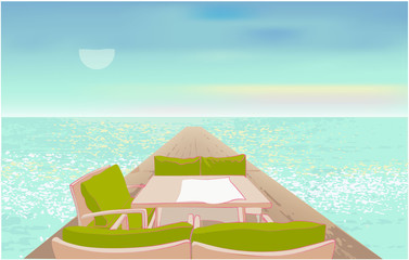 Beach cafe concept. Isometric illustration with sea view and tables and chairs under the open sky