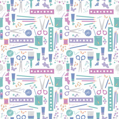 Craft supplies, stationary, painting, drawing and sewing. Vector repeat. Great for home decor, wrapping, scrapbooking, wallpaper, gift, kids, apparel. 
