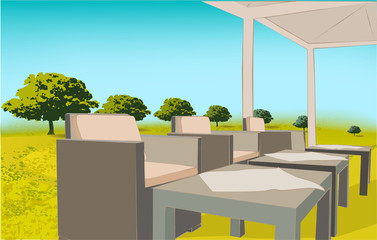 Cafe concept. Isometric illustration with tables and chairs under the open sky. Nature, outdoors