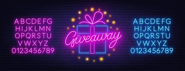Neon sign giveaway. Neon alphabet on brick wall background.