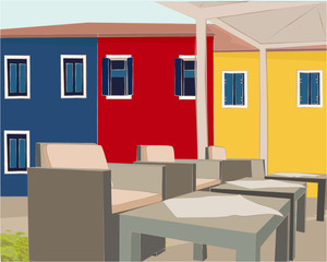 Cafe concept. Isometric illustration with tables and chairs under the open sky. Houses. Collection of colorful houses