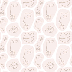 Hand drawn abstract face seamless pattern. Modern minimalism art, aesthetic contour. Beige art background with woman faces. Vector group of people face