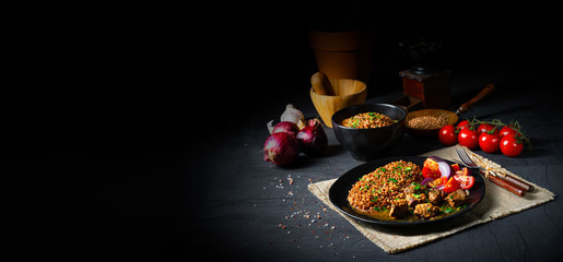 Buckwheat groats baked in the oven with beef goulash