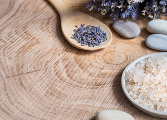Sea salt with lavender 
Natural spa products and decor on wooden background. 
