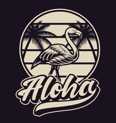 Black and white illustration with flamingo in vintage style.