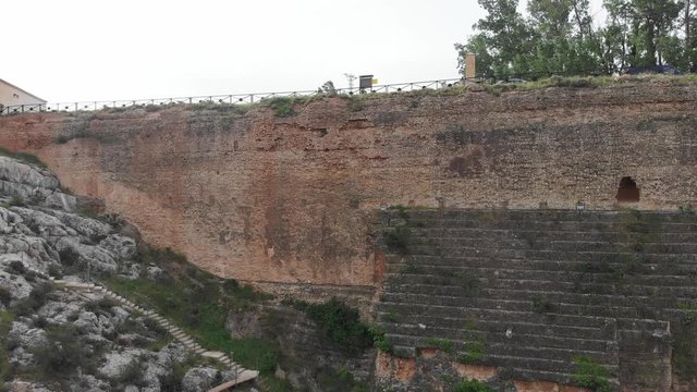 Roman construction. 1st century Roman dam in Spain, Almonacid de la Cuba, Zaragoza, aerial view drom 4K