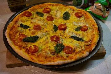 pizza on a wooden table