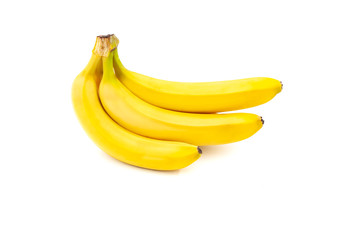 Three bananas isolated on white background. Banana bunch. Creative healthy food concept. Flat lay.
