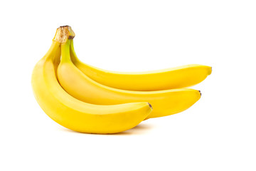 Three bananas isolated on white background. Banana bunch. Creative healthy food concept. Flat lay.