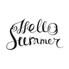 Hello summer - handwritten lettering. Brush calligraphic text. Vector incription for card, poster, banner, label, t-shirt design and many others souvenirs