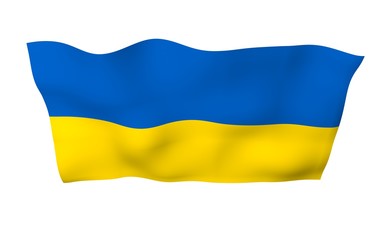 Obraz premium The flag of Ukraine on a white background. National flag and state ensign. Blue and yellow bicolour. 3D illustration waving flag
